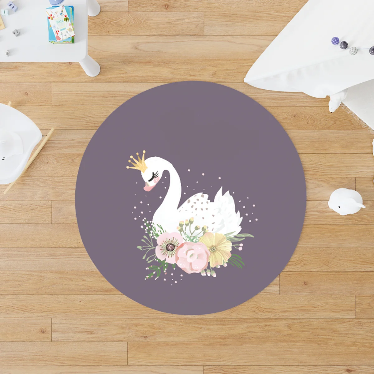 Kuğu Prenses Yuvarlak Halı | Mor taç, çiçekler Desenli