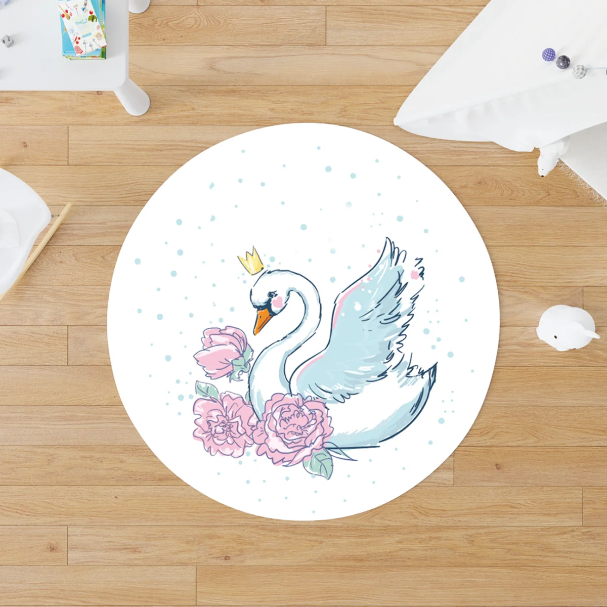 Kuğu Yuvarlak Halı | Beyaz taç, pembe çiçekler Desenli