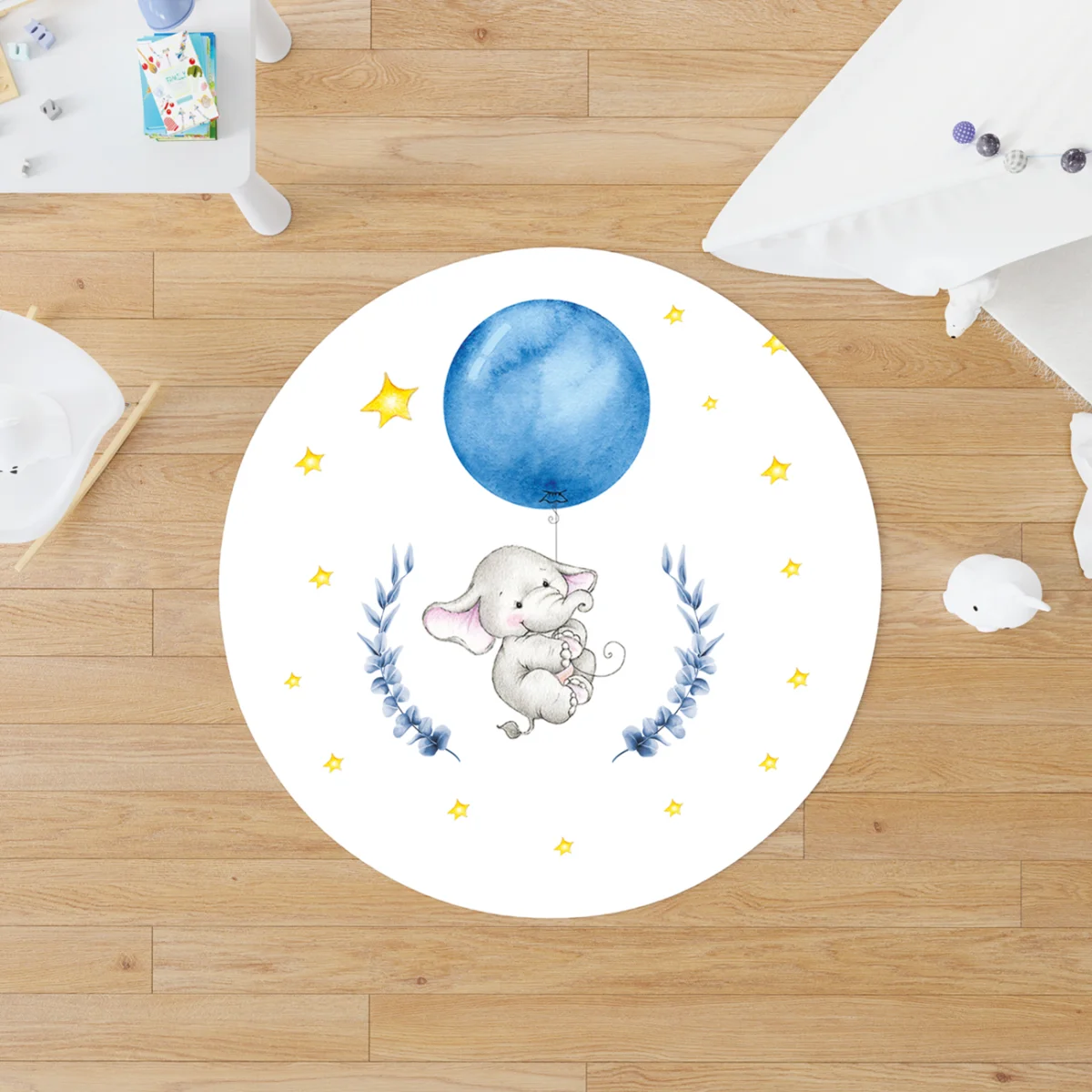 Fil Yuvarlak Halı | Beyaz yıldız, mavi balon Desenli
