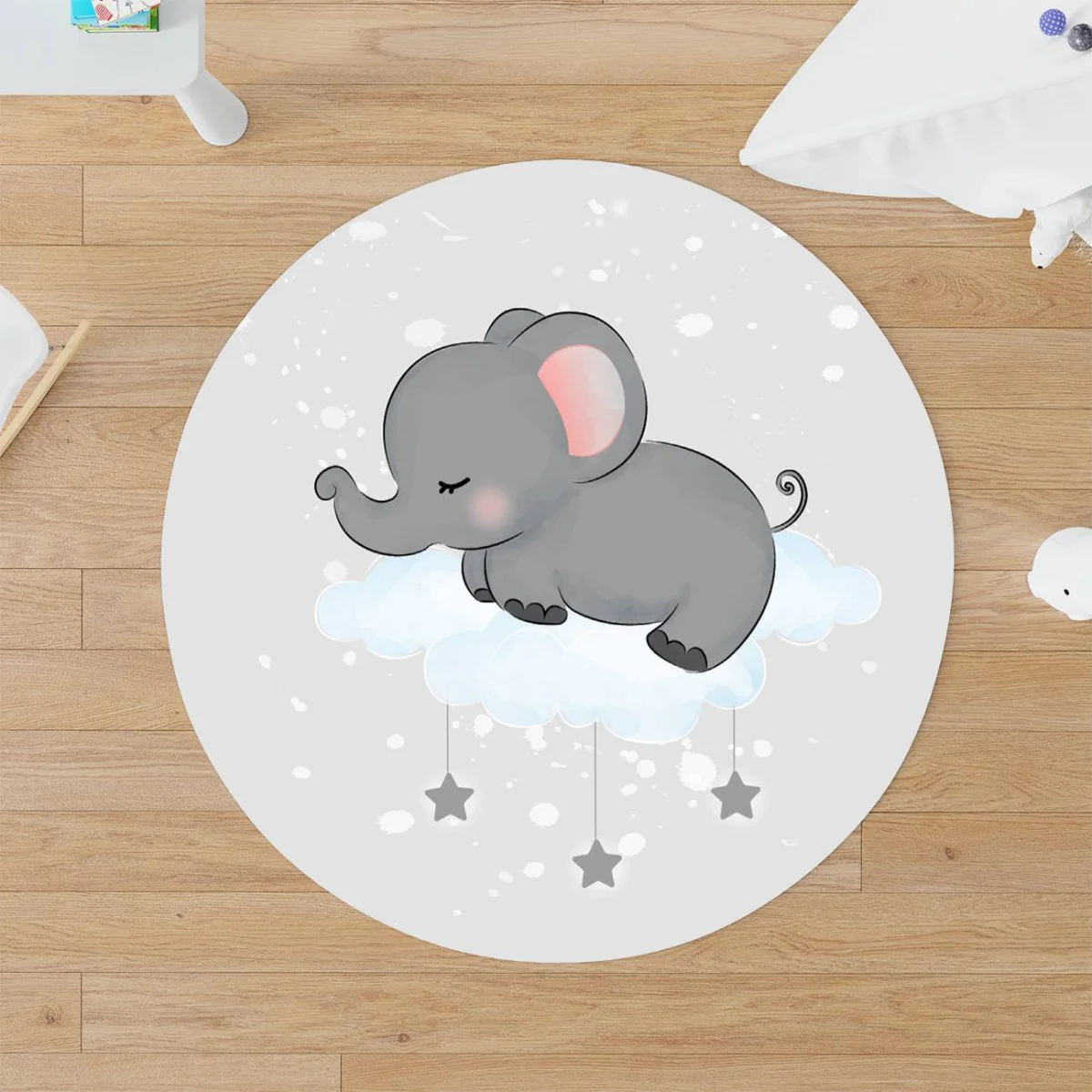 Fil Yuvarlak Halı | Gri bulut, yıldız Desenli