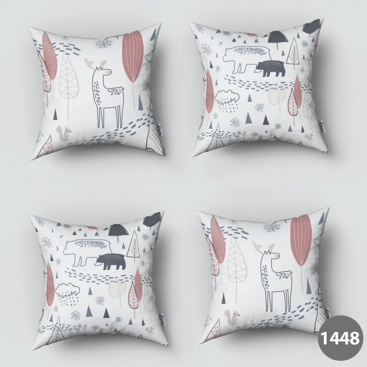 Orman Hayvanları 4lü Kırlent | Beyaz kar taneleri, ayak izleri Desenli