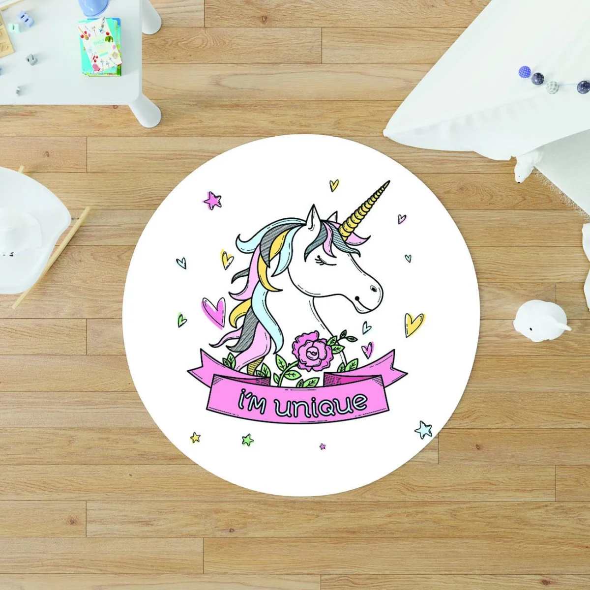 Unicorn Yuvarlak Halı | Beyaz kalpler, yıldızlar Desenli