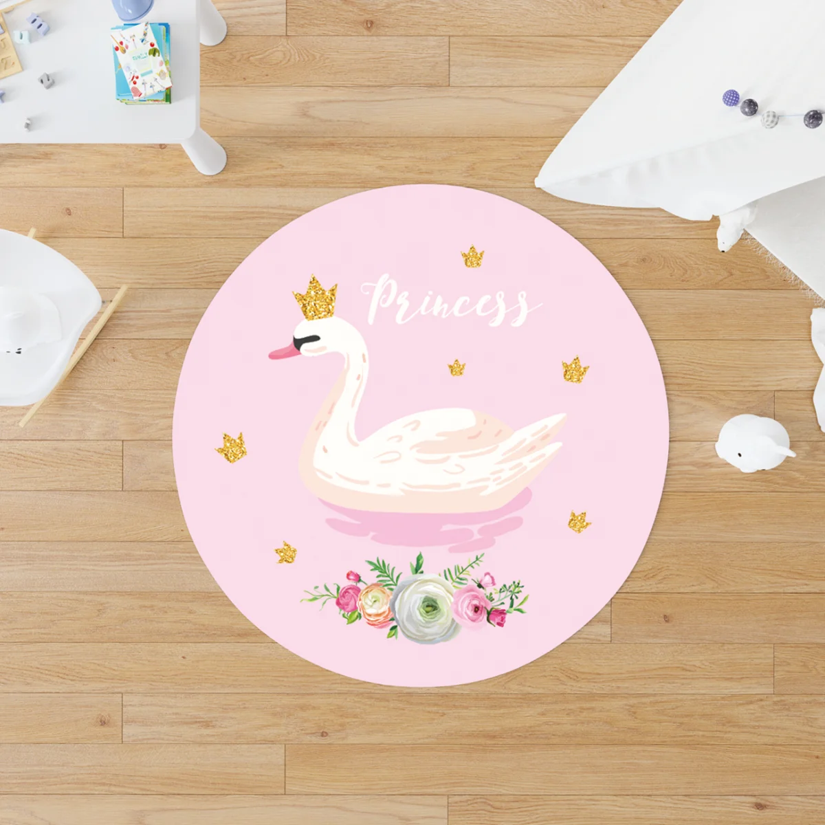 Prenses Kuğu Yuvarlak Halı | Pembe Altın noktalar ve çiçekler Desenli