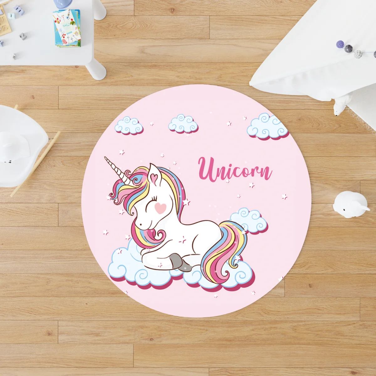 Unicorn Yuvarlak Halı | Pembe bulut, yıldız Desenli