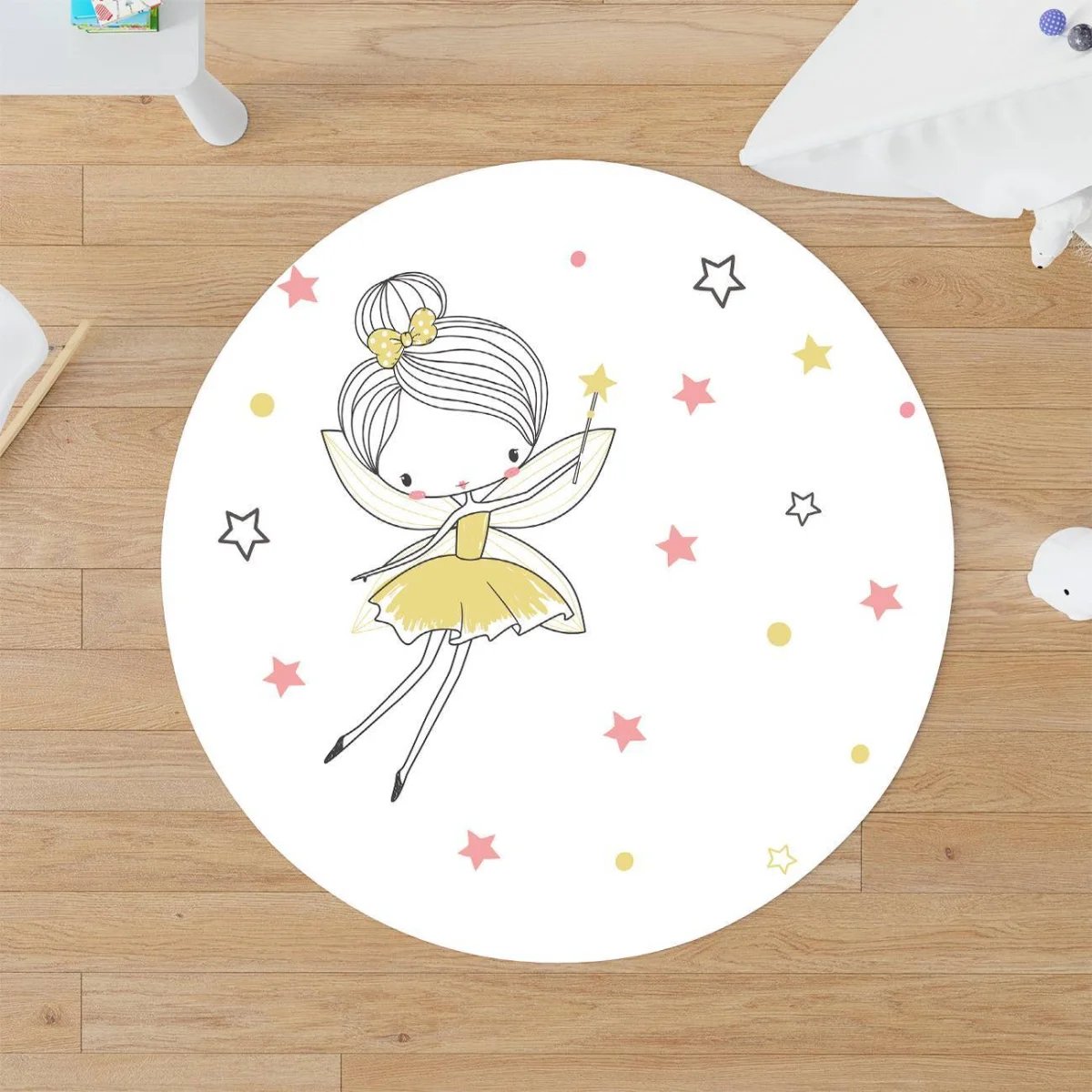 Peri Kız Yuvarlak Halı | Beyaz yıldızlar, noktalar Desenli