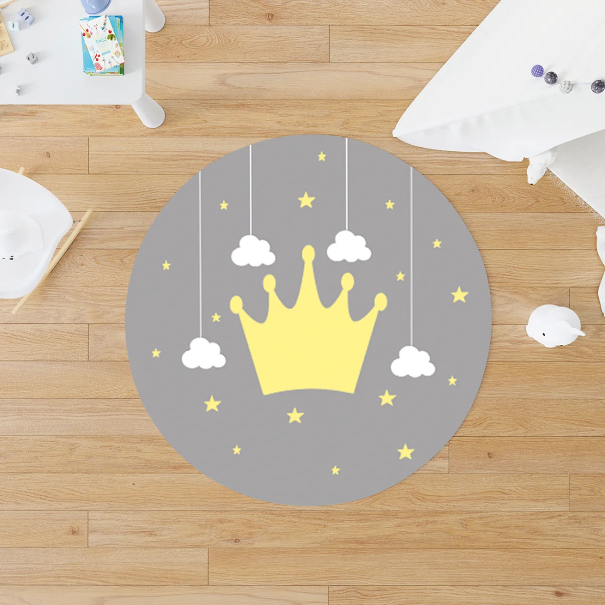 Taç Yuvarlak Halı | Gri yıldız, bulut Desenli