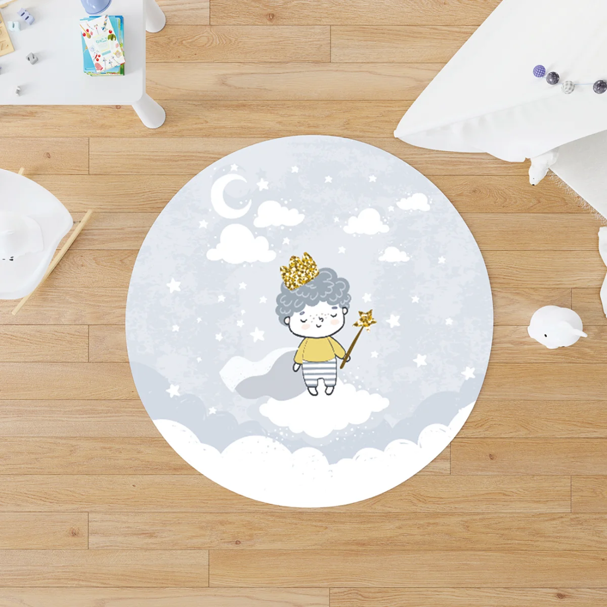 Prens Yuvarlak Halı | Mavi bulut, yıldız Desenli