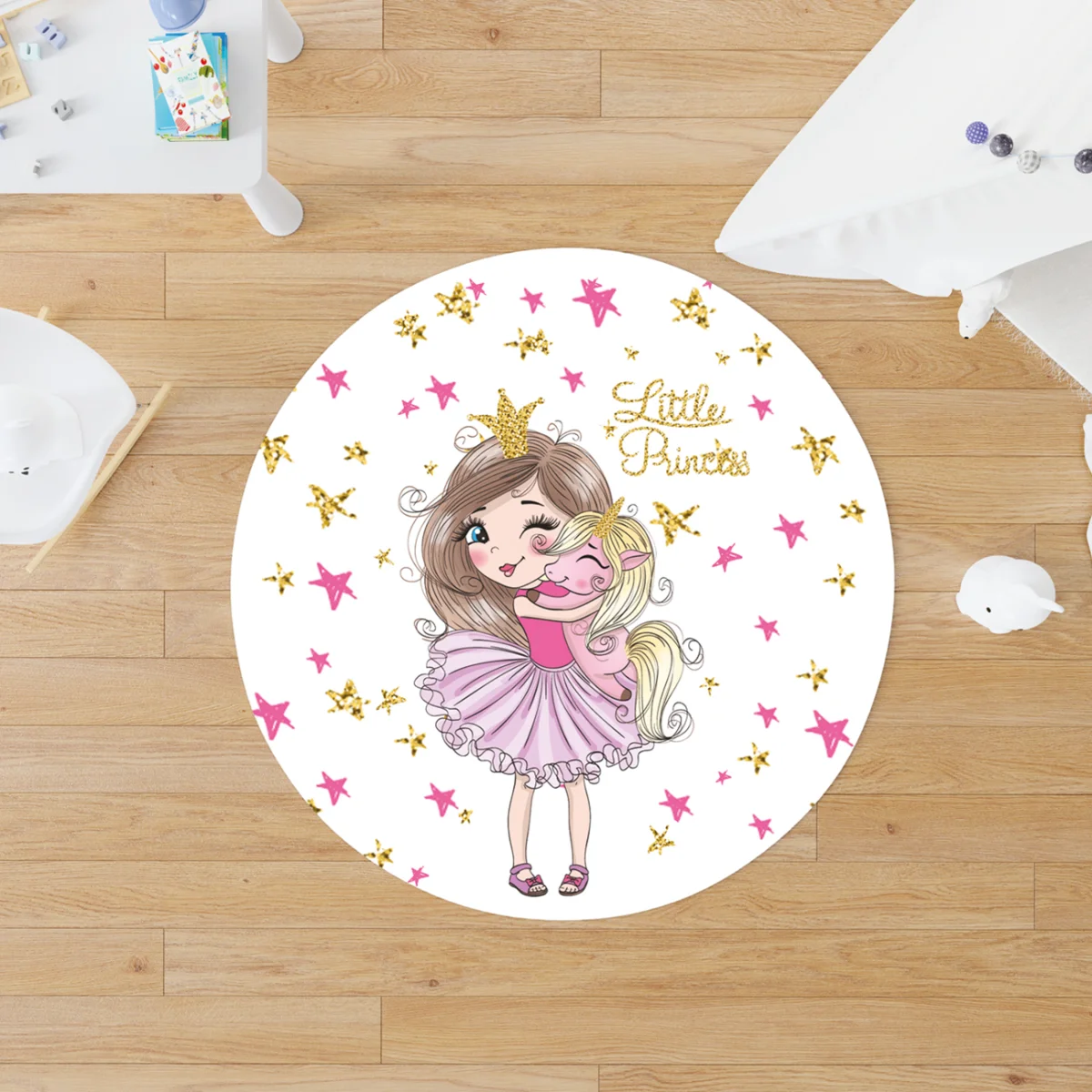 Prenses ve Unicorn Yuvarlak Halı | Beyaz yıldızlar, taçlar Desenli