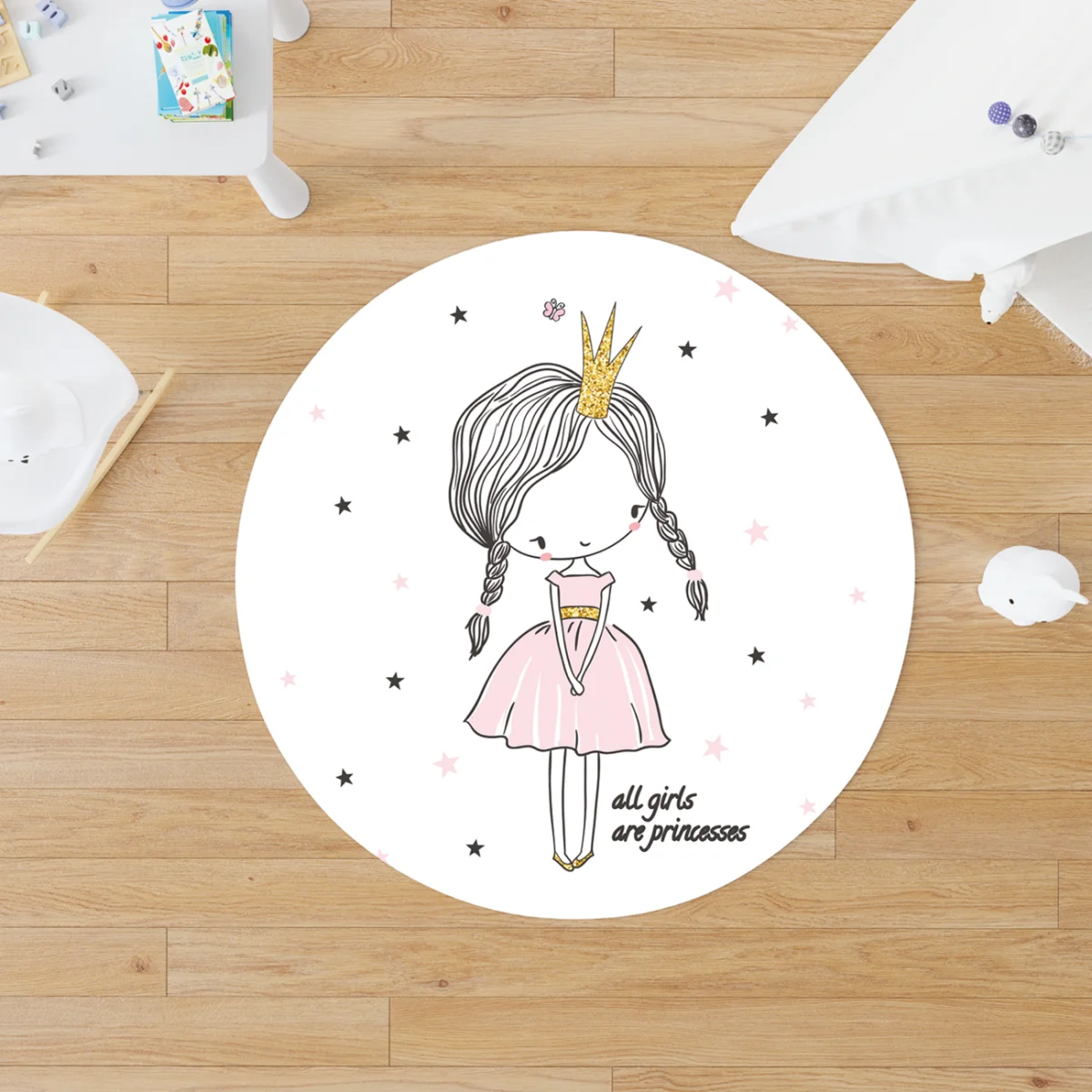 Prenses Kız Yuvarlak Halı | Beyaz yıldızlar, bulut Desenli