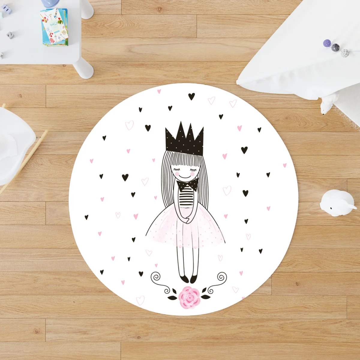 Prenses Yuvarlak Halı | Beyaz Kalpler, kale Desenli