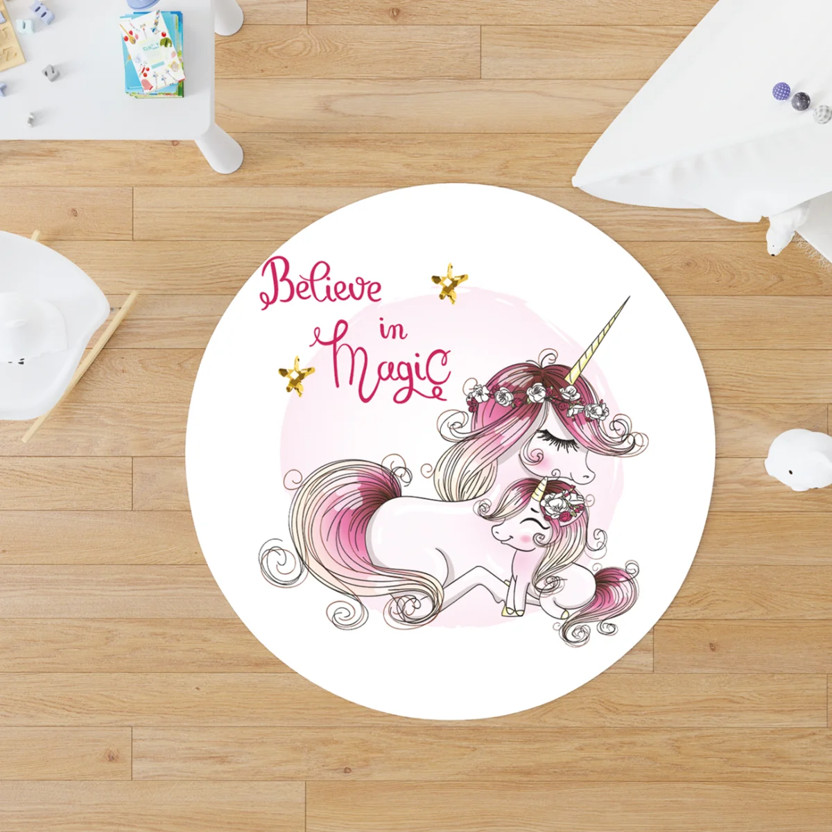 Peri, Unicorn, Sihir Yuvarlak Halı | Beyaz yıldız, kalp Desenli