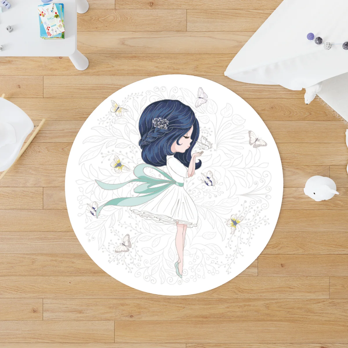 Kız, kelebekler Yuvarlak Halı | Beyaz Kelebekler, floral desen Desenli