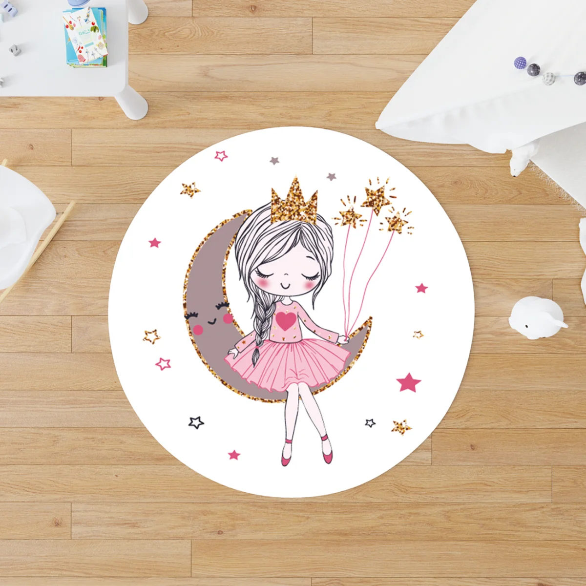 Rüya temalı kız Yuvarlak Halı | Beyaz Ay, yıldızlar Desenli