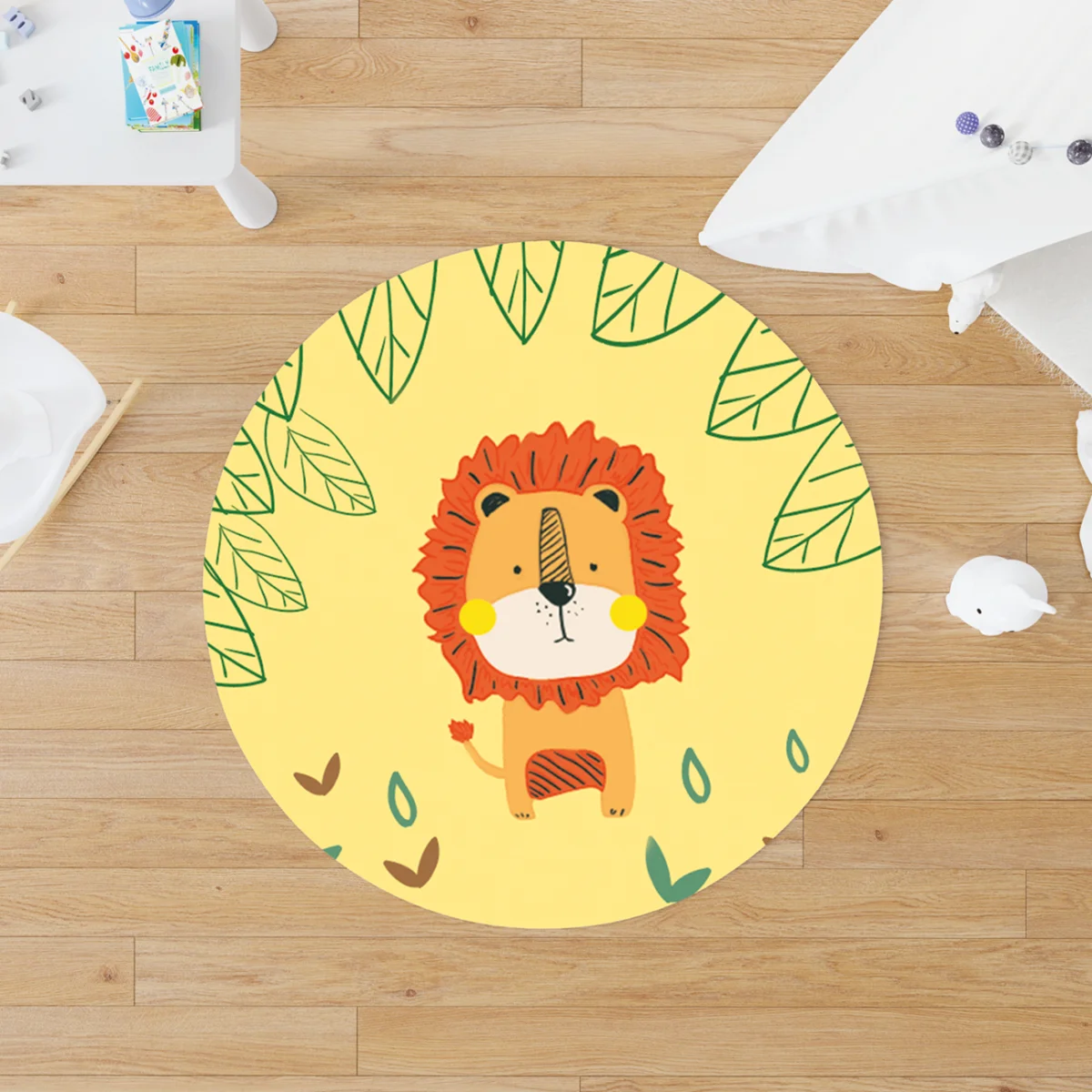 Aslan Yuvarlak Halı | Sarı yeşil yapraklar, küçük bitki figürleri Desenli
