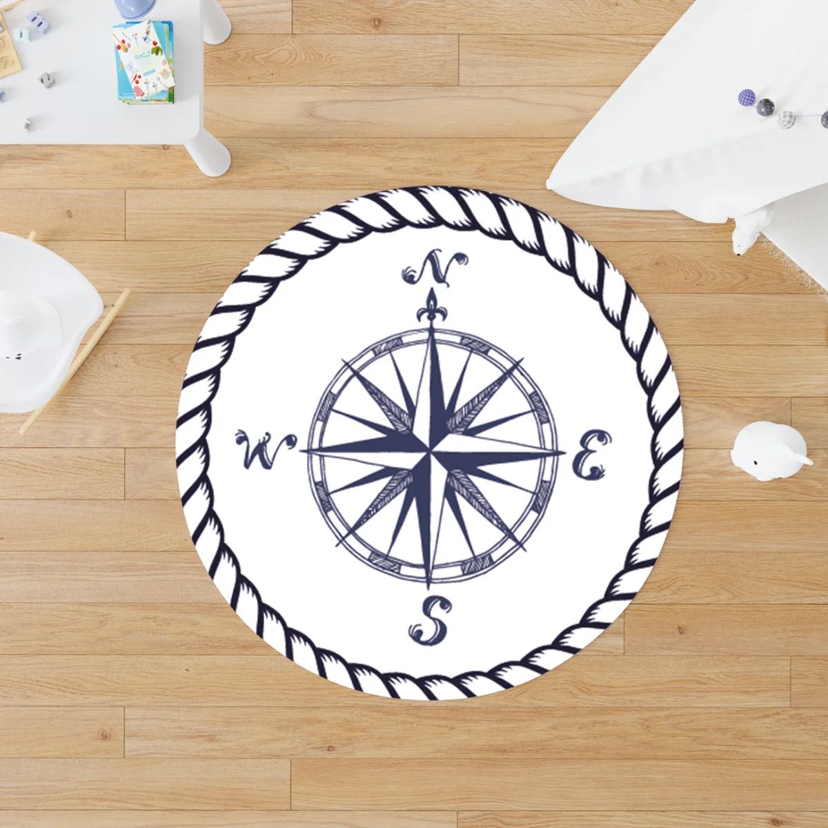 Denizci Yuvarlak Halı | Beyaz Çapa, pusula Desenli