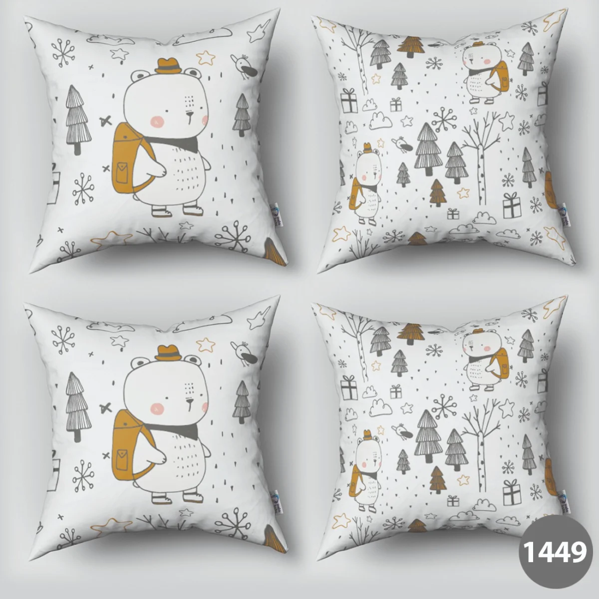 Orman Hayvanları 4lü Kırlent | Beyaz ağaçlar, kuşlar Desenli