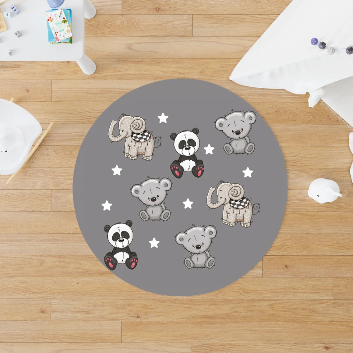Sevimli Hayvanlar Yuvarlak Halı | Gri yıldız, seksek oyunu Desenli