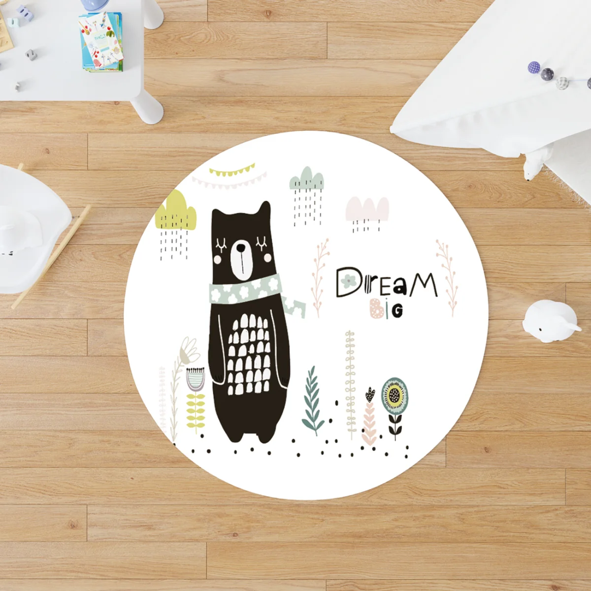 Ayı Yuvarlak Halı | Beyaz Bulutlar, yapraklar Desenli