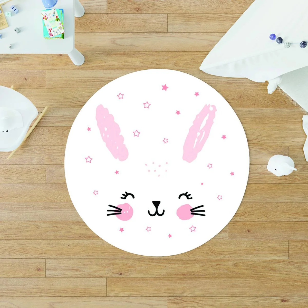 Tavşan Yuvarlak Halı | Beyaz pembe ve çerçeveli yıldızlar Desenli