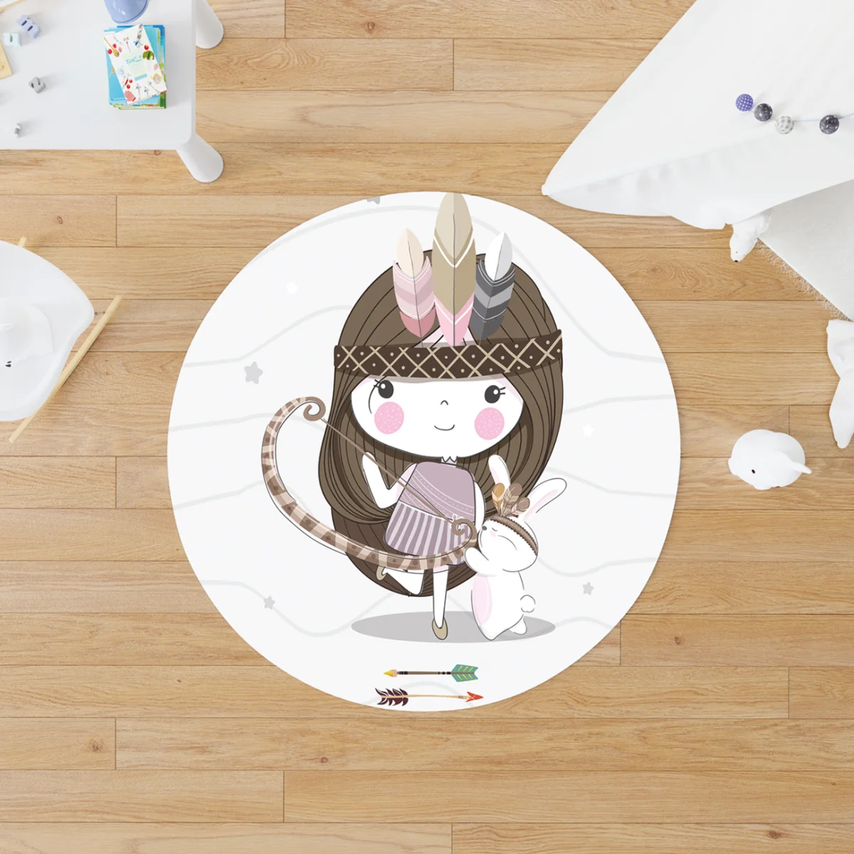 Yerli kız ve tavşan Yuvarlak Halı | Beyaz yıldızlar, dalgalı çizgiler Desenli