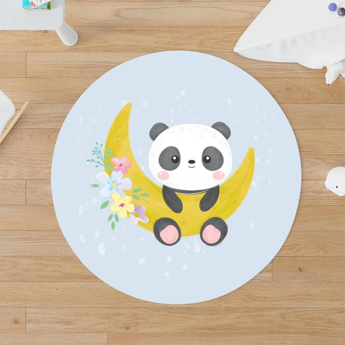 Panda, Ay Yuvarlak Halı | Mavi yıldız, çiçekler Desenli