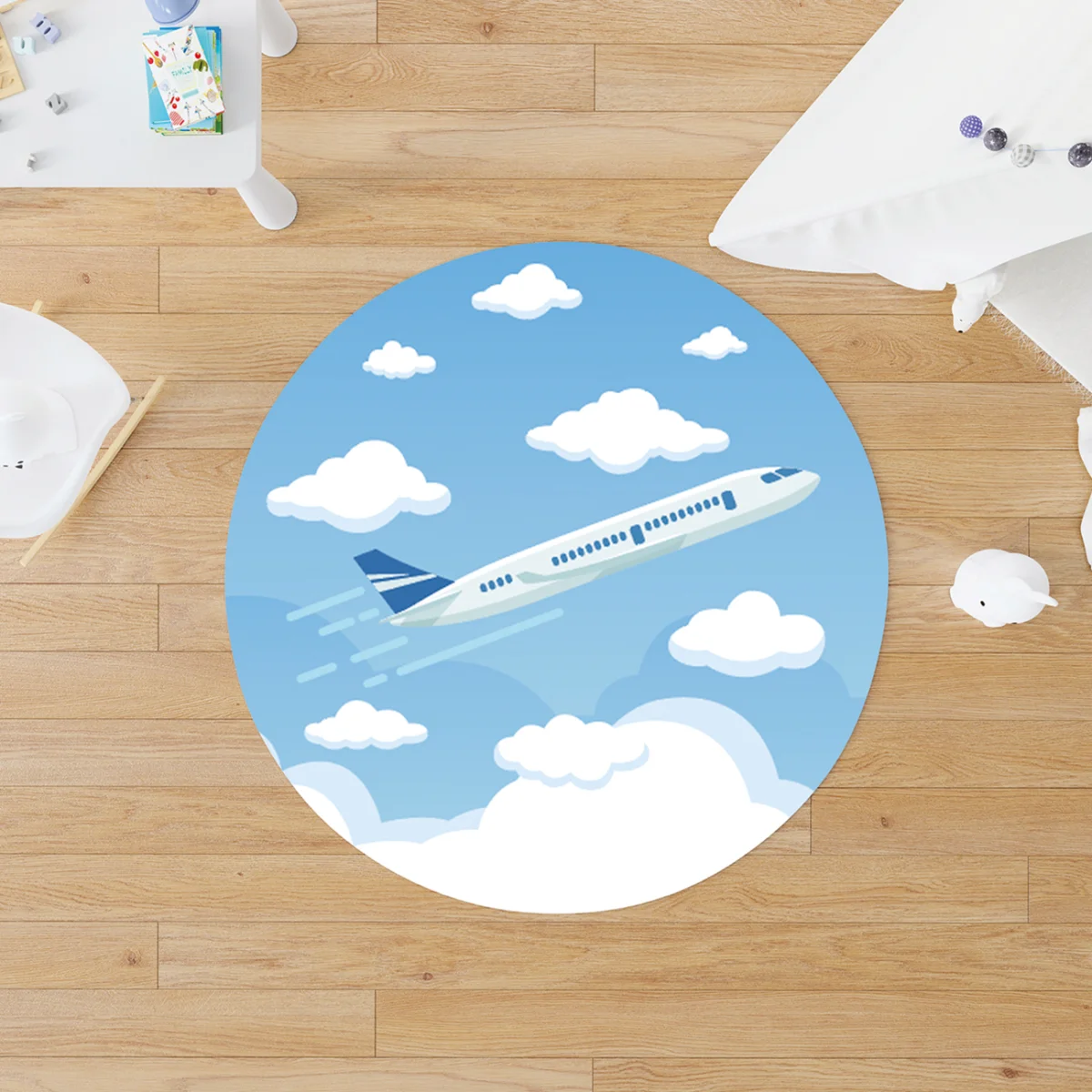 Uçak Yuvarlak Halı | Mavi Bulutlar Desenli
