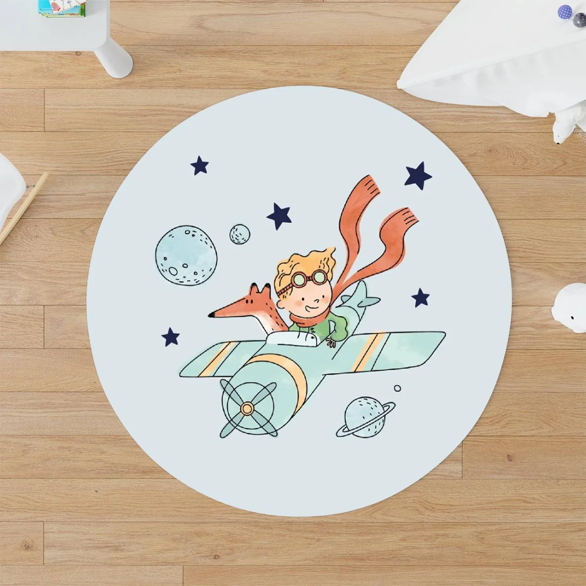 Uzay, Küçük Prens ve tilki Yuvarlak Halı | Mavi yıldızlar, gezegenler Desenli