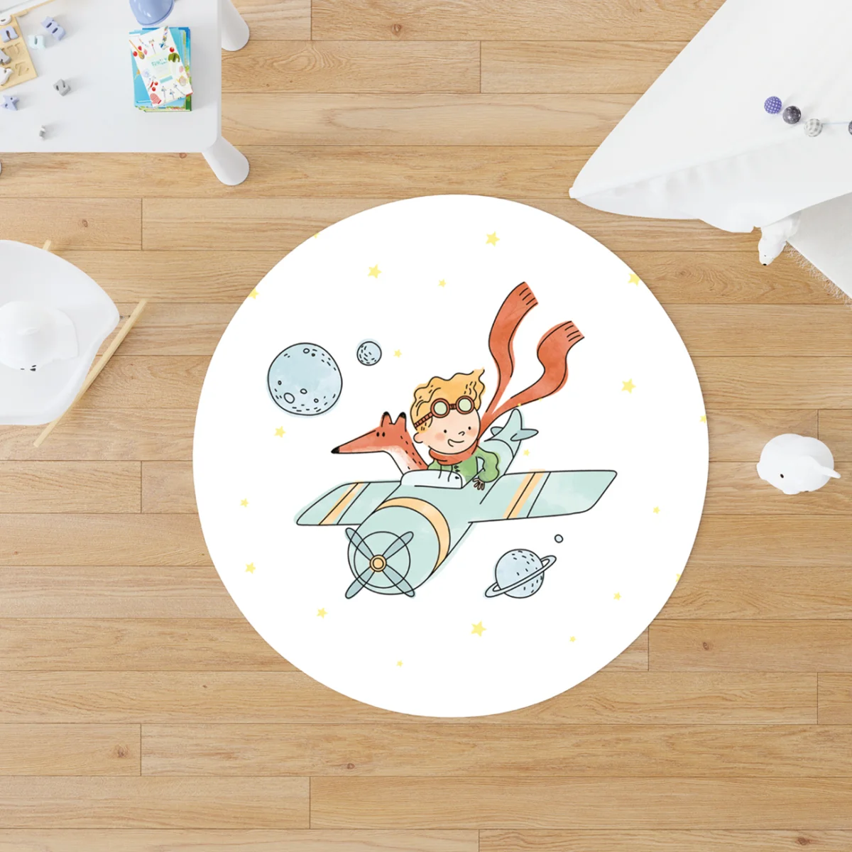 Küçük Prens, Uzay Yuvarlak Halı | Beyaz yıldızlar, gezegenler Desenli