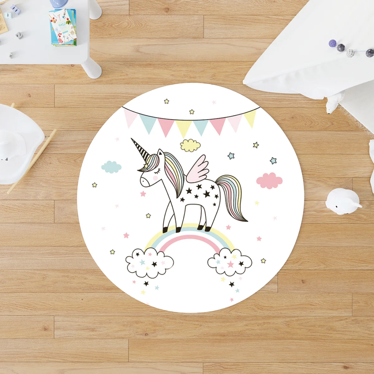 Unicorn Yuvarlak Halı | Beyaz yıldız, bulut Desenli