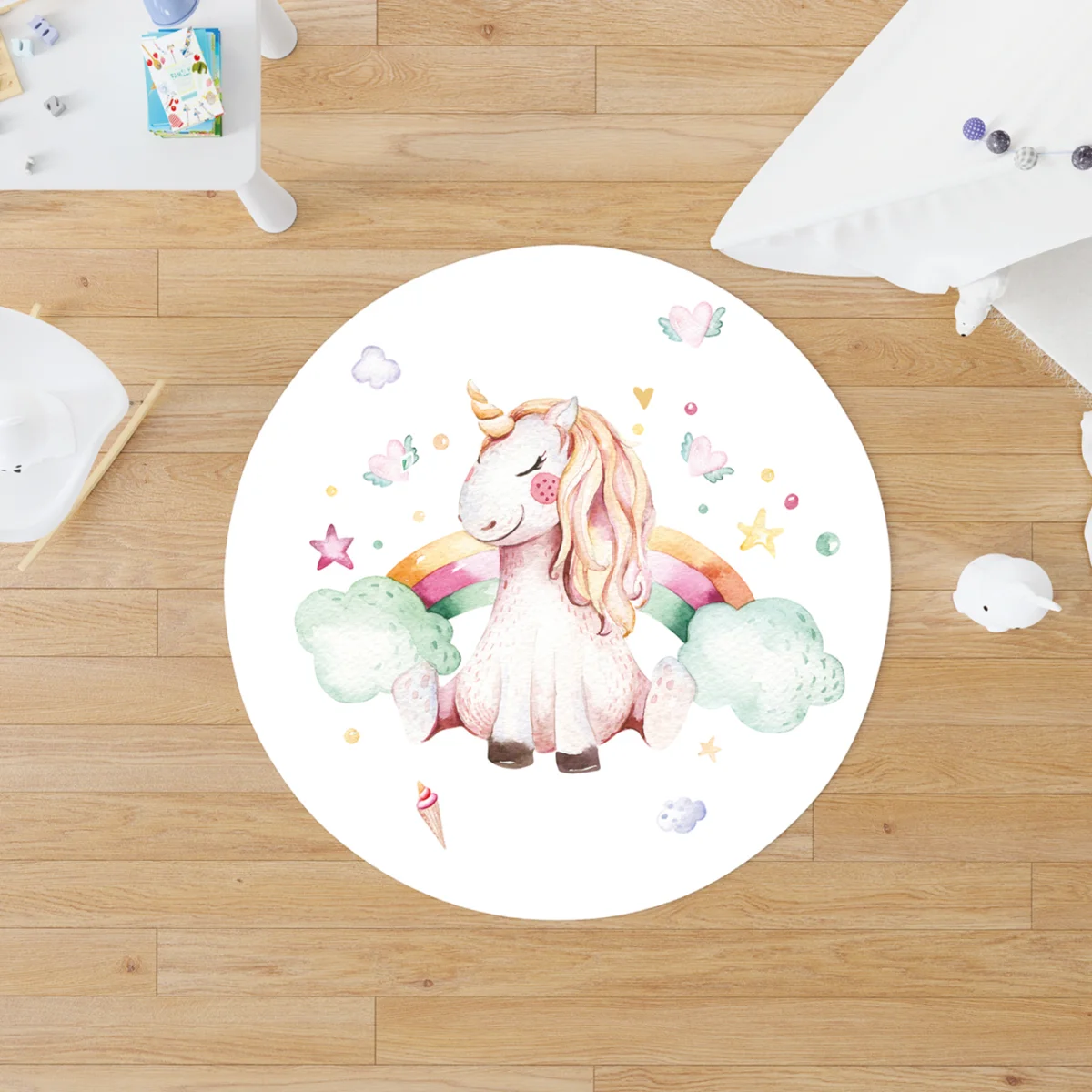 Unicorn Yuvarlak Halı | Beyaz balon, yıldız Desenli