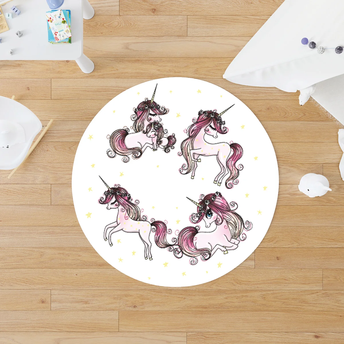 Unicorn Yuvarlak Halı | Beyaz yıldız Desenli