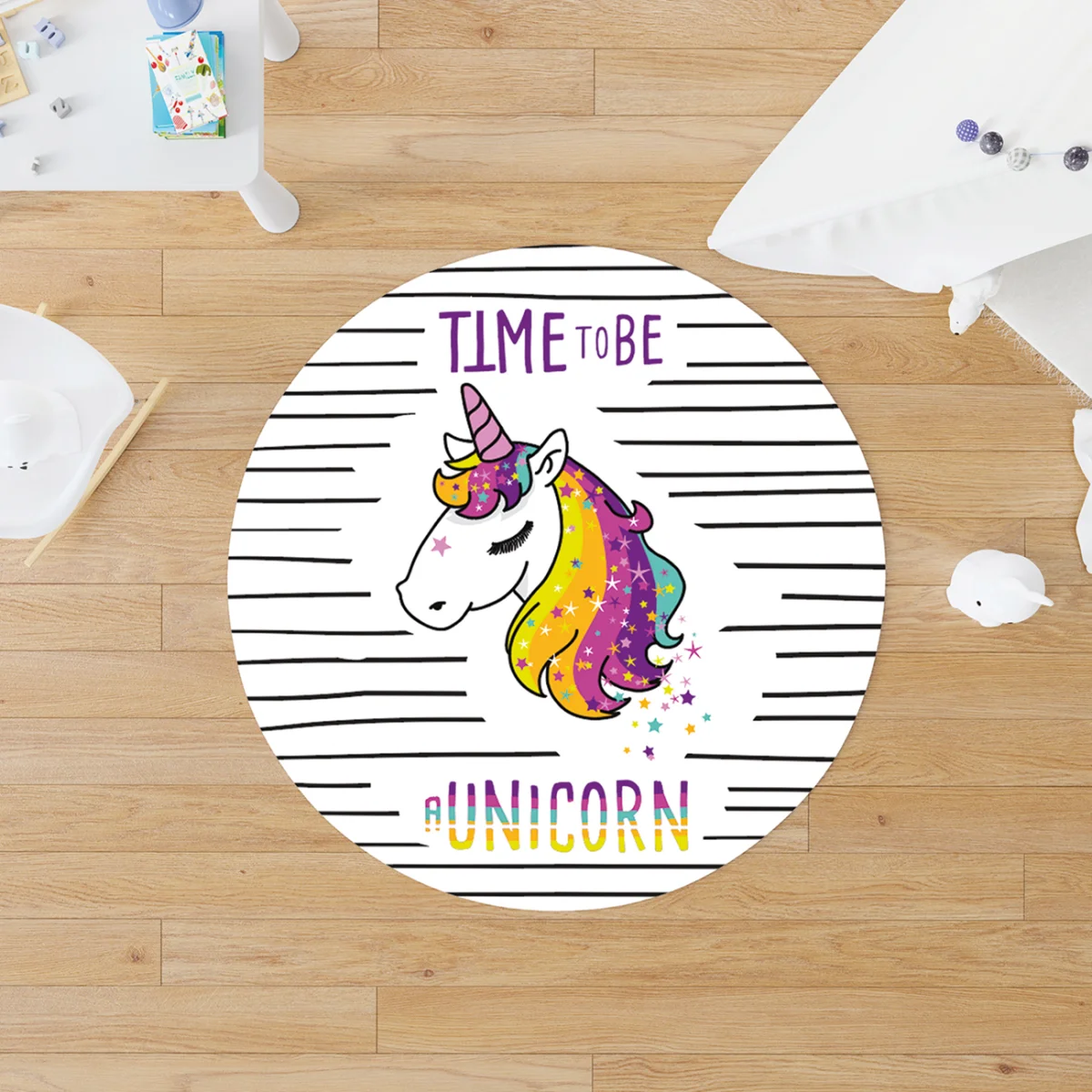 Unicorn Yuvarlak Halı | Beyaz Yatay çizgiler, yıldızlar Desenli