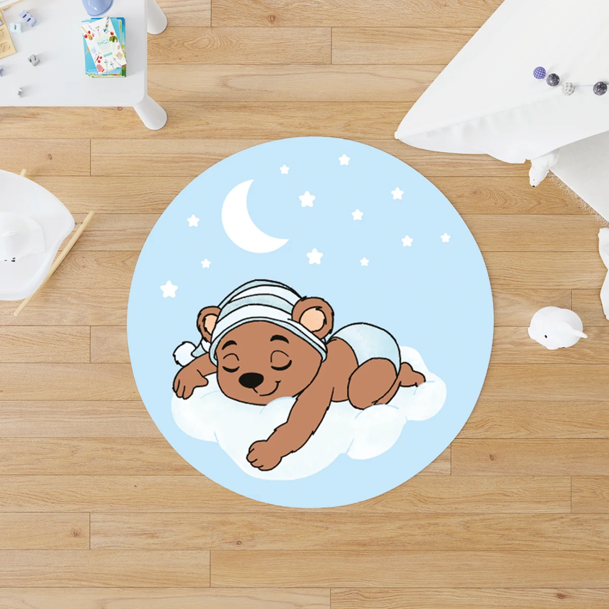 Ayıcık Yuvarlak Halı | Mavi yıldızlar, bulut Desenli