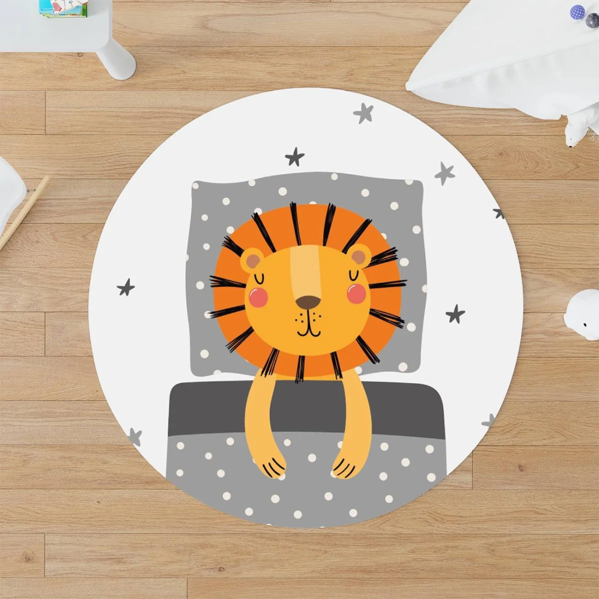 Aslan, Orman Hayvanları Yuvarlak Halı | Gri, Beyaz yıldız, ay Desenli