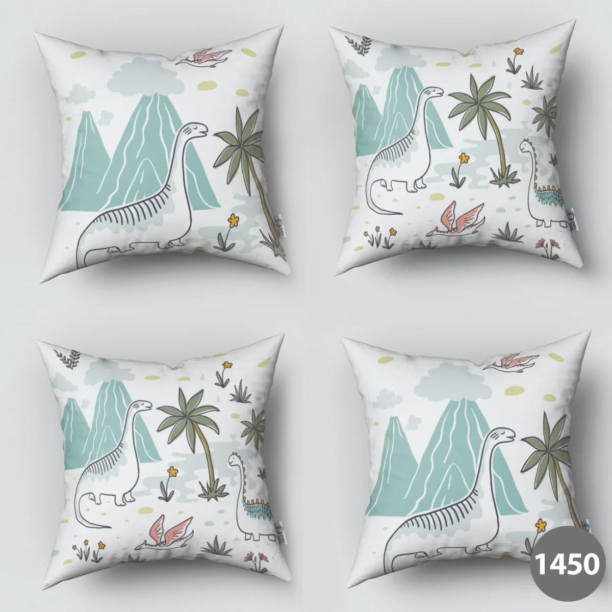 Dinozorlar 4lü Kırlent | Beyaz dağlar, bulutlar Desenli