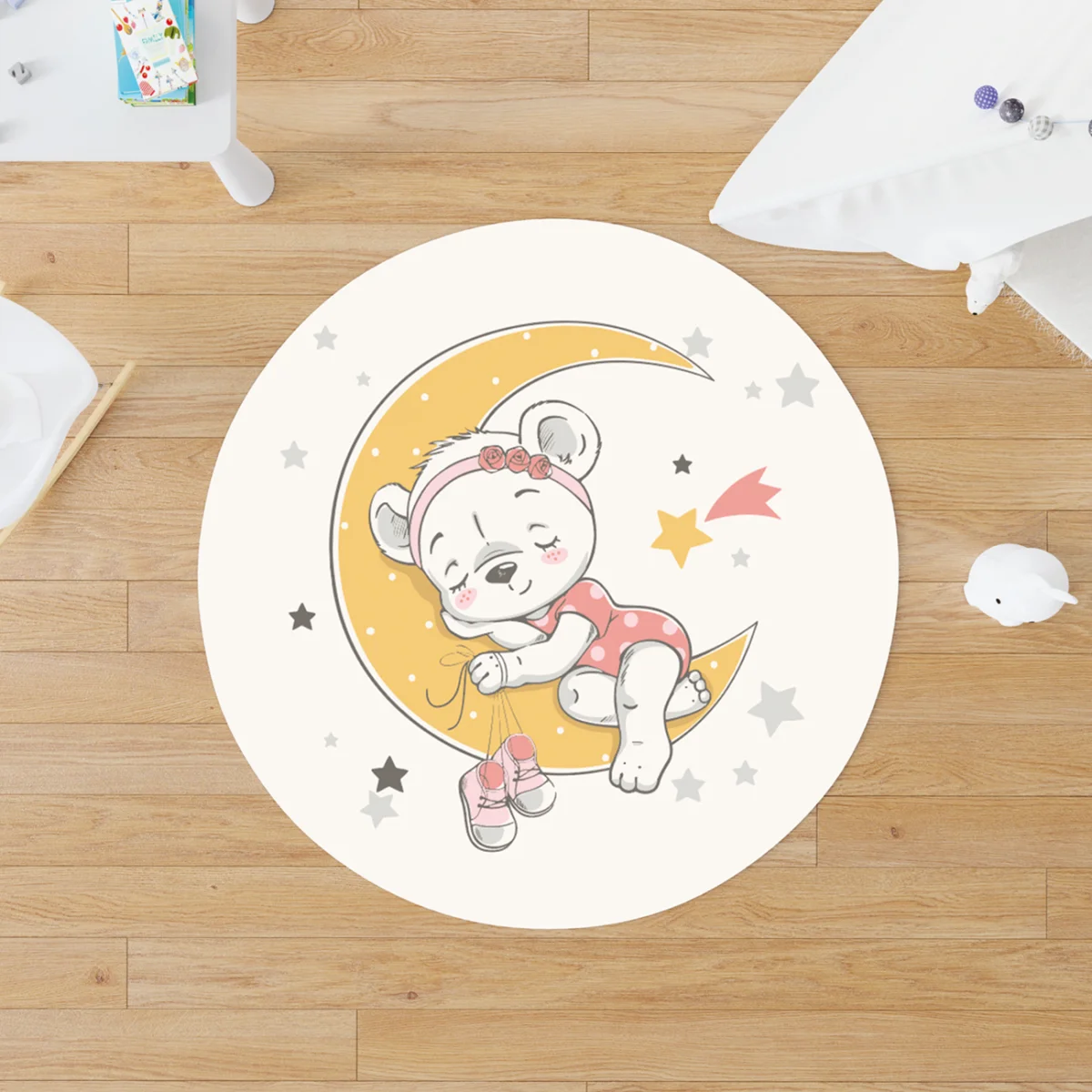 Uyuyan ayıcık, ay Yuvarlak Halı | Beyaz Yıldızlar, kayan yıldız Desenli