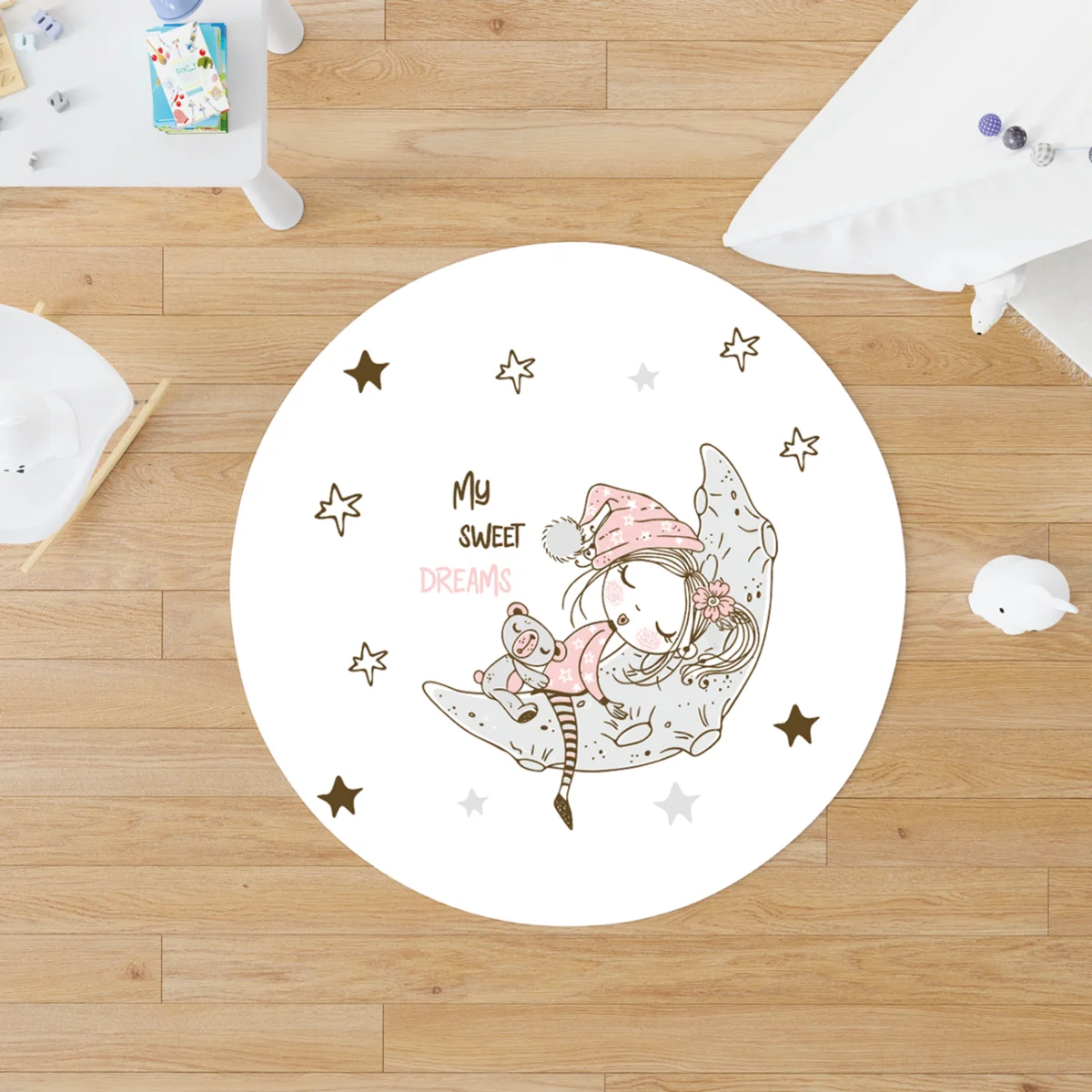 Uyuyan kız ve ay Yuvarlak Halı | Beyaz yıldızlar, ay Desenli