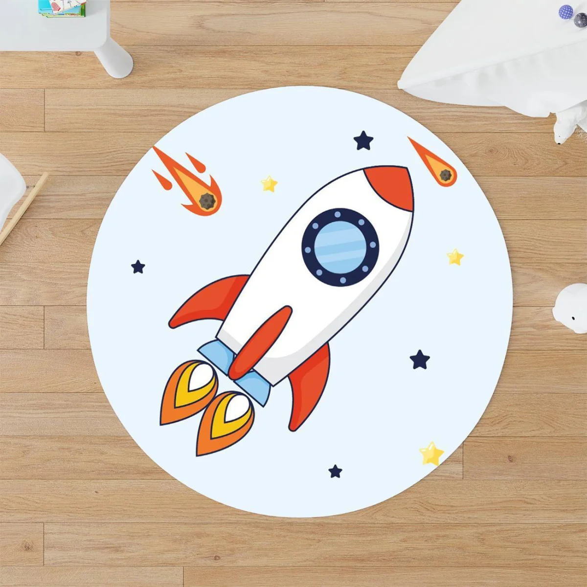 Uzay Yuvarlak Halı | Açık Mavi Astronot, roket Desenli