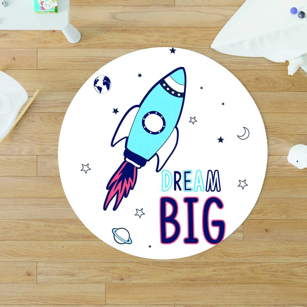 Uzay Yuvarlak Halı | Beyaz yıldız, gezegen Desenli