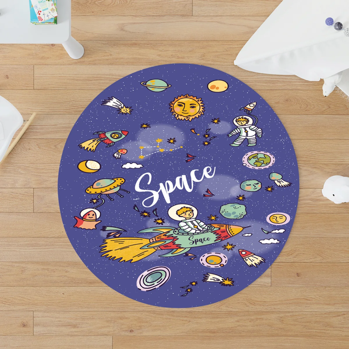 Uzay Yuvarlak Halı | Mavi yıldız, gezegen Desenli