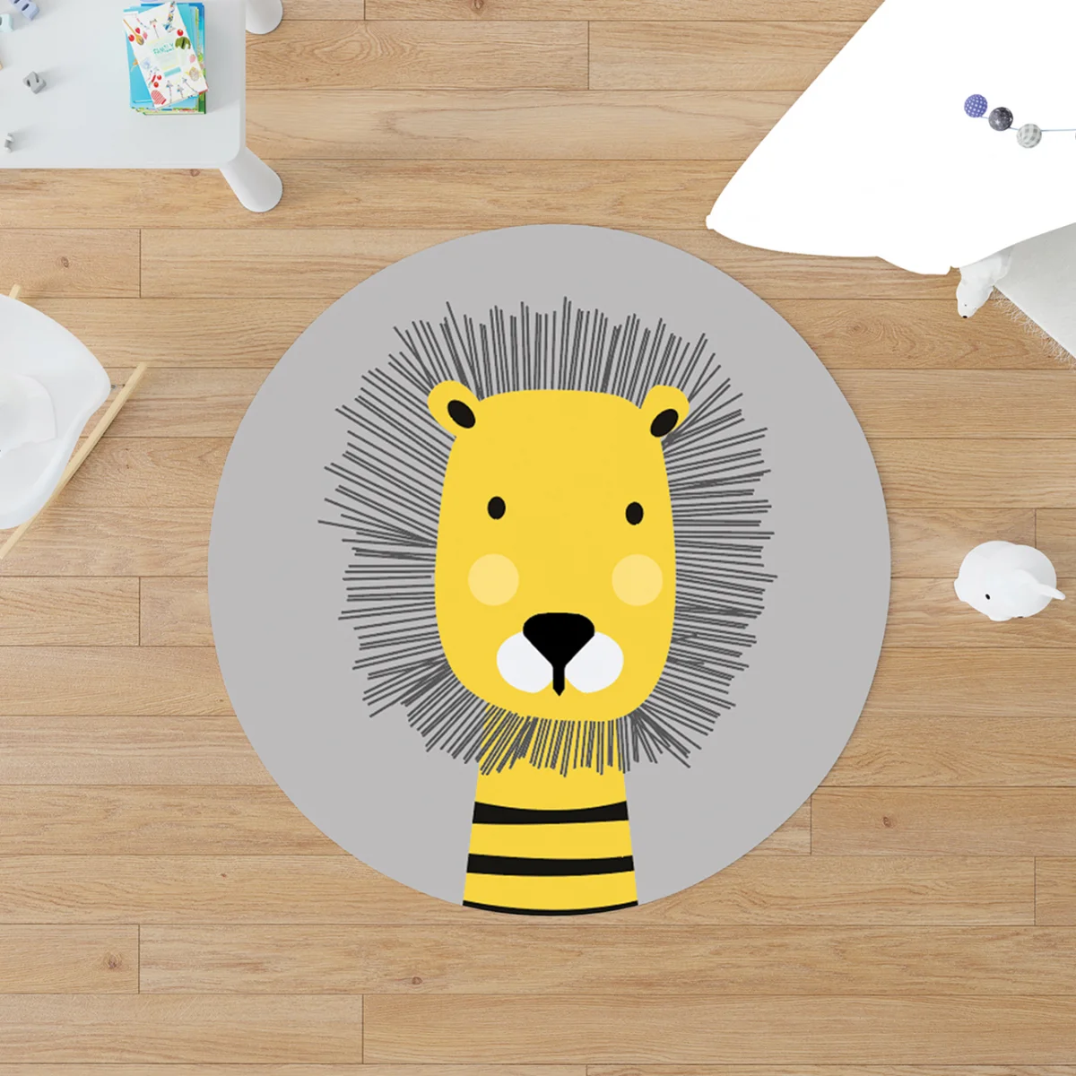 Aslan Yuvarlak Halı | Gri siyah yele, çizgili vücut Desenli