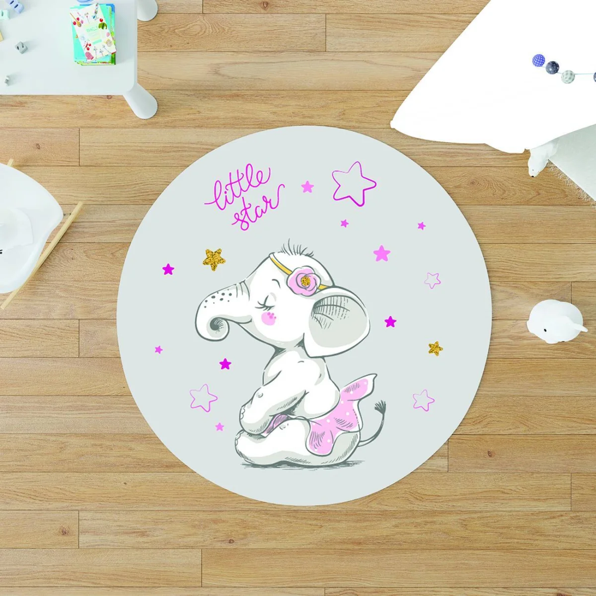 Fil ve Yıldız Yuvarlak Halı | Gri Pembe ve altın yıldızlar, little star yazısı Desenli