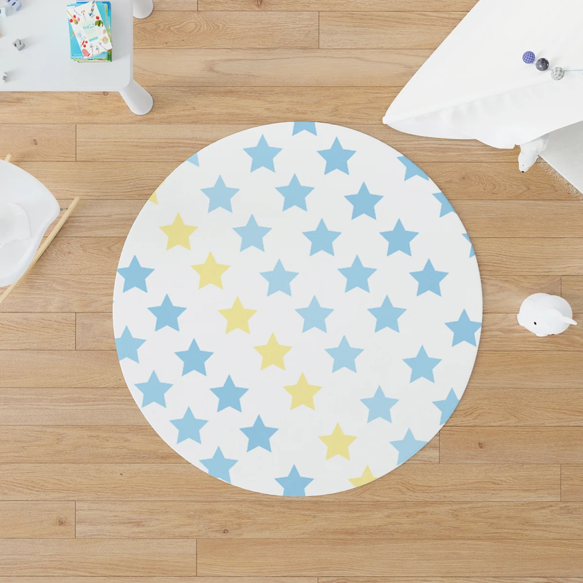 Yıldızlar Yuvarlak Halı | Beyaz Mavi ve sarı yıldızlar Desenli