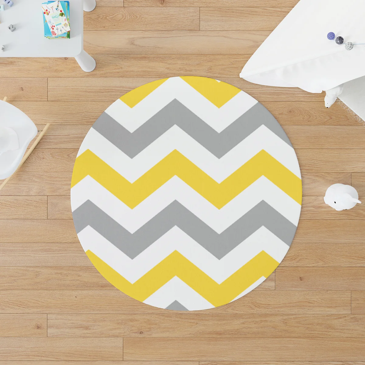 Şevron Yuvarlak Halı | Sarı, Gri, Beyaz Zig-zag çizgili Desenli