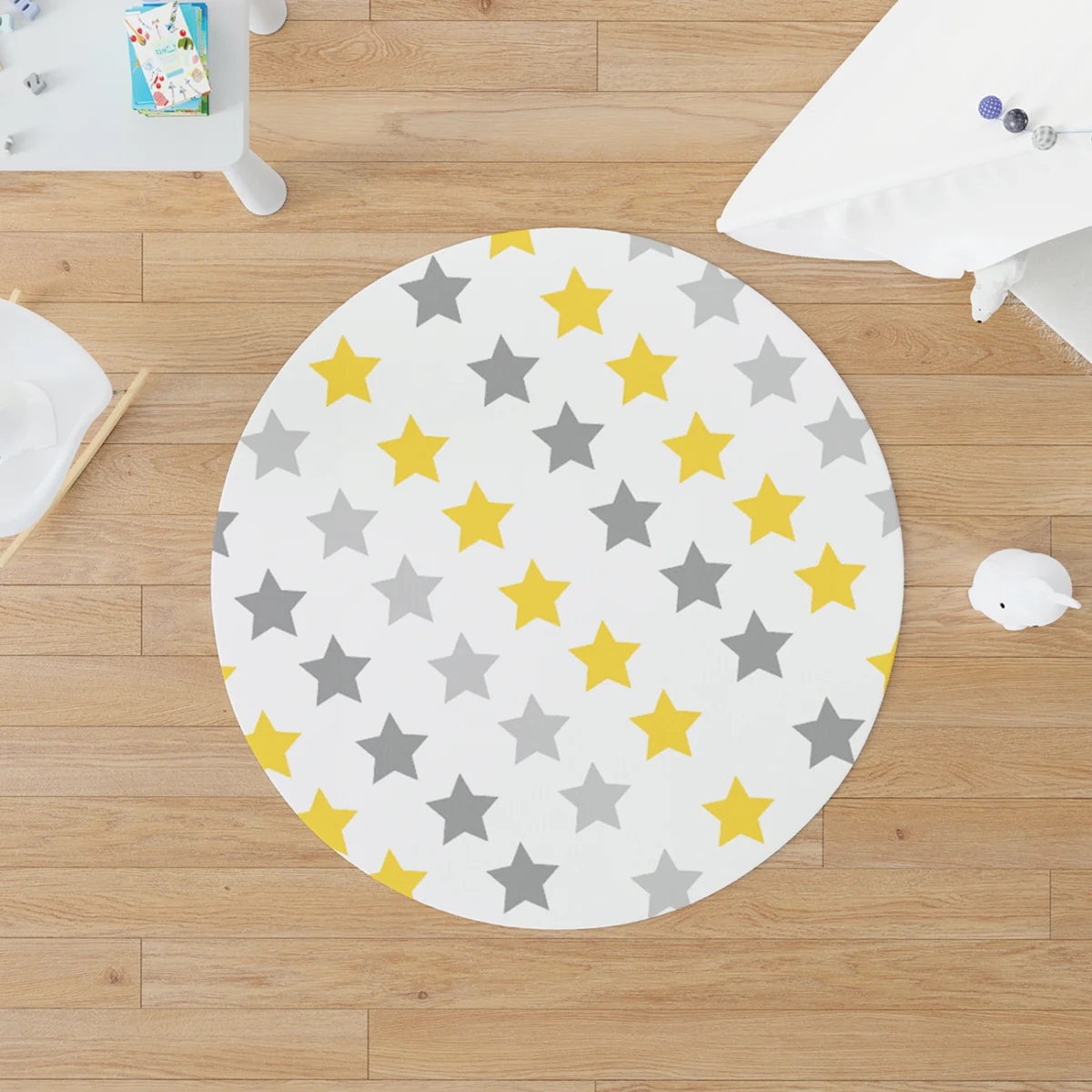 Yıldız Yuvarlak Halı | Beyaz sarı ve gri yıldızlar Desenli