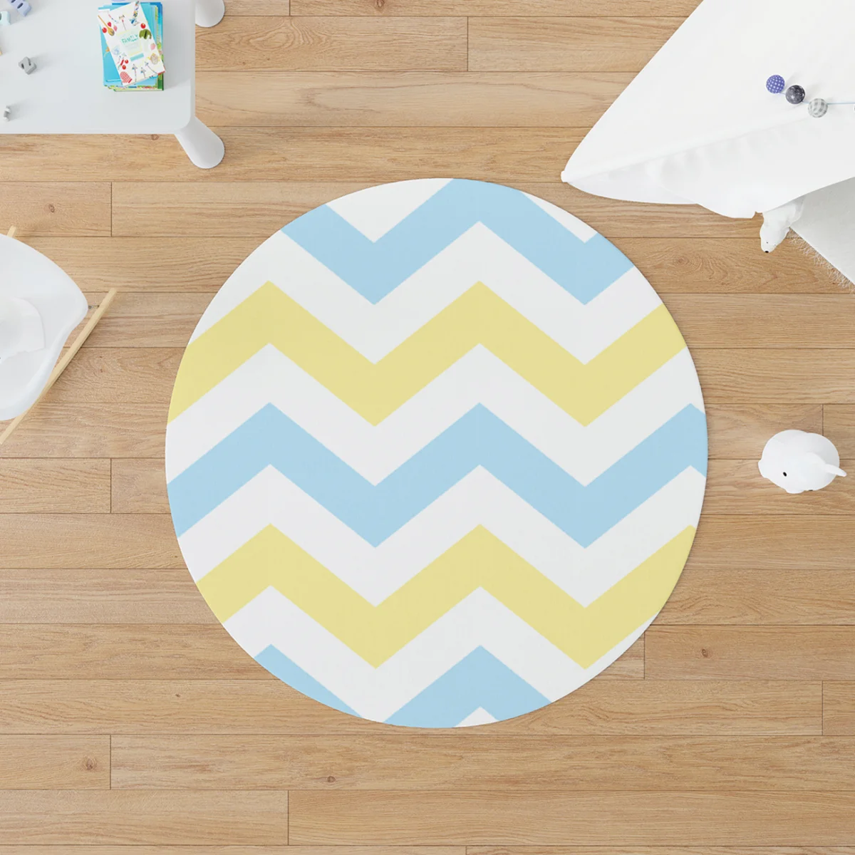 Geometrik Yuvarlak Halı | Mavi, Sarı Zigzag desen Desenli