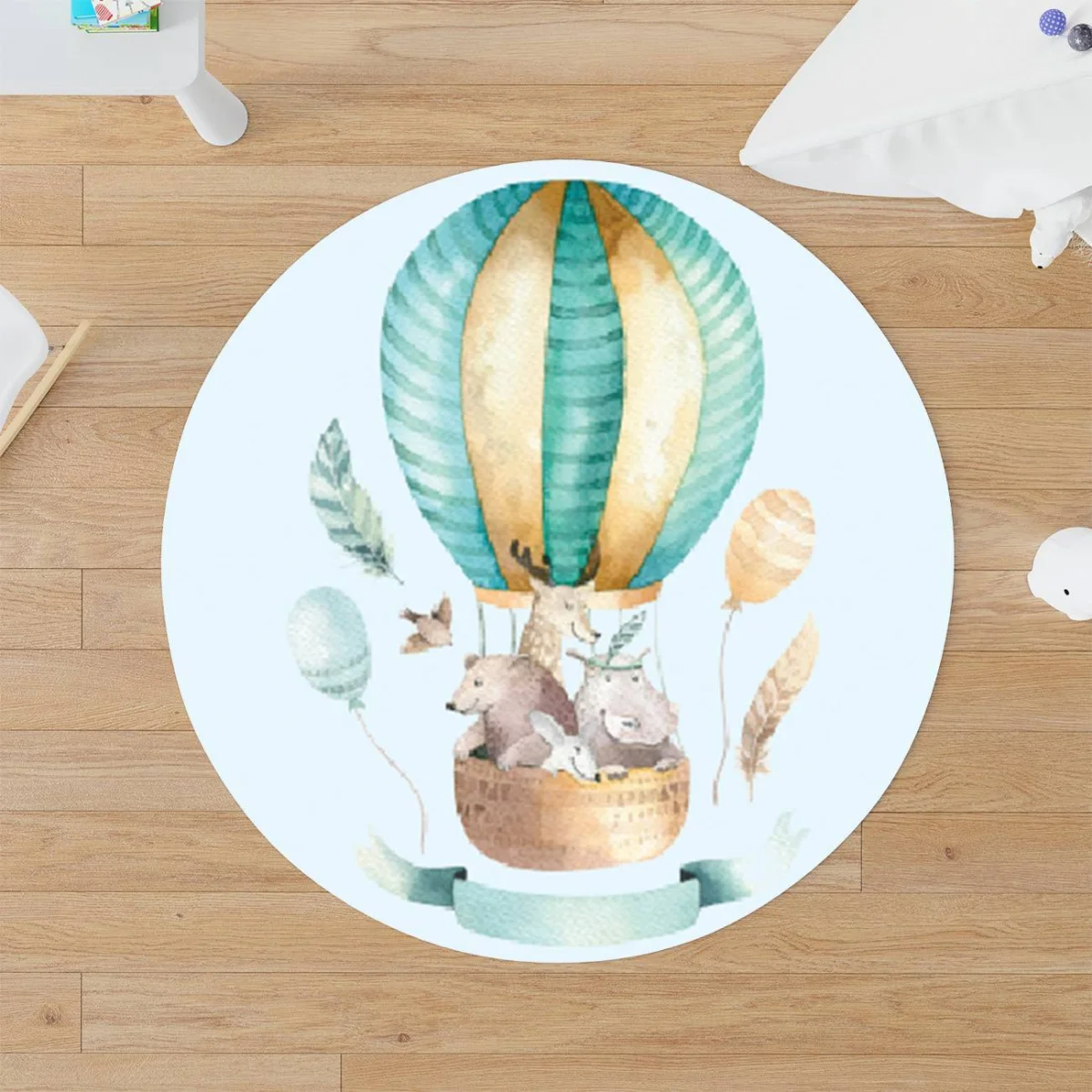 Orman Hayvanları Yuvarlak Halı | Mavi Sıcak hava balonu, tüyler Desenli