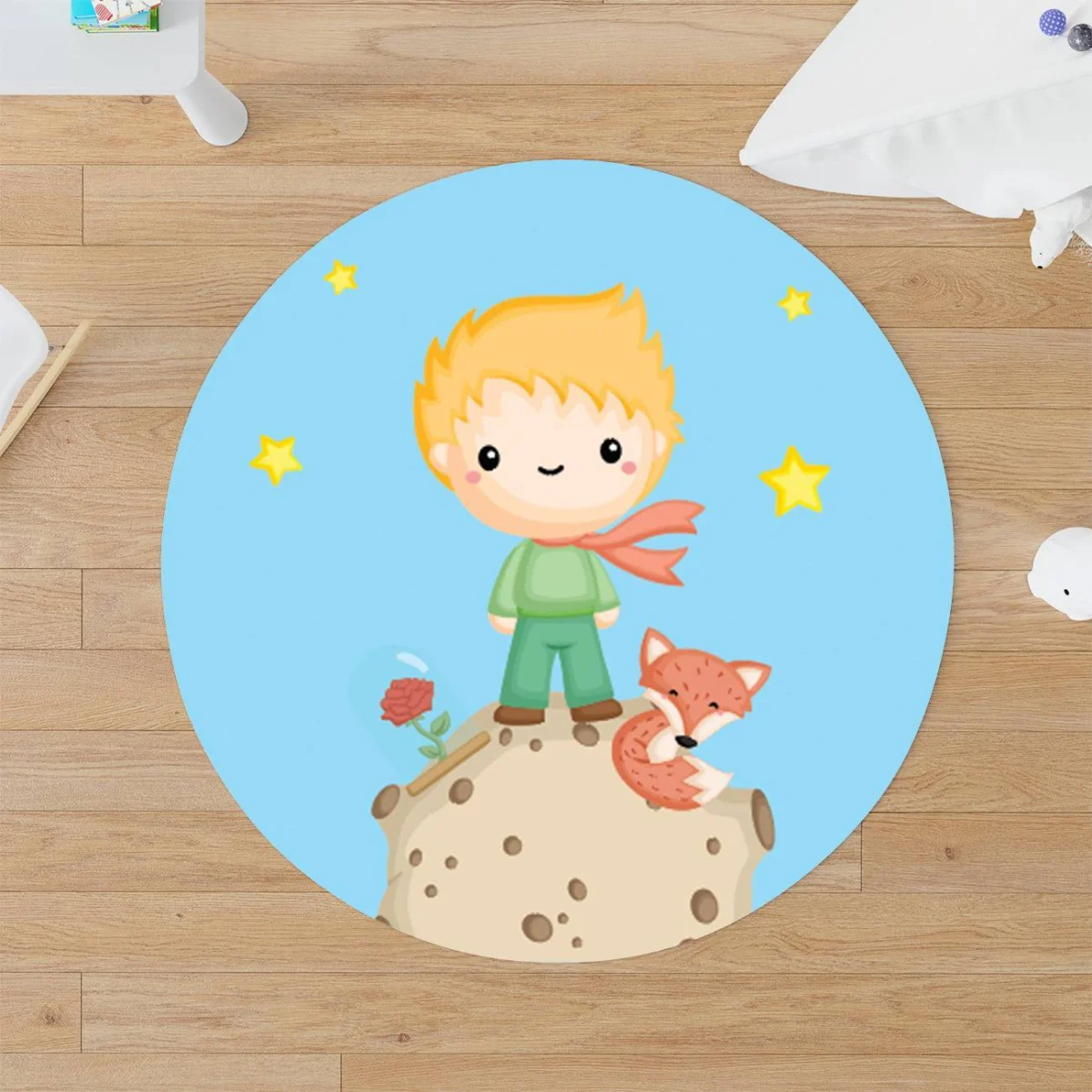 Küçük Prens Yuvarlak Halı | Mavi yıldız, tilki Desenli