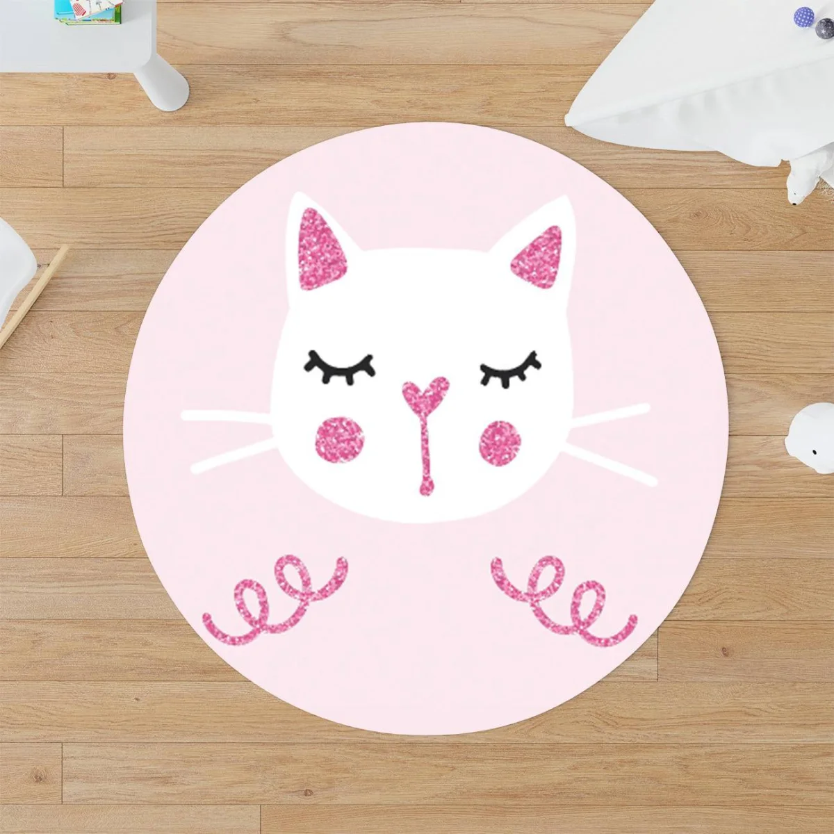 Kedi Yuvarlak Halı | Pembe simli detaylar, çiçekler Desenli