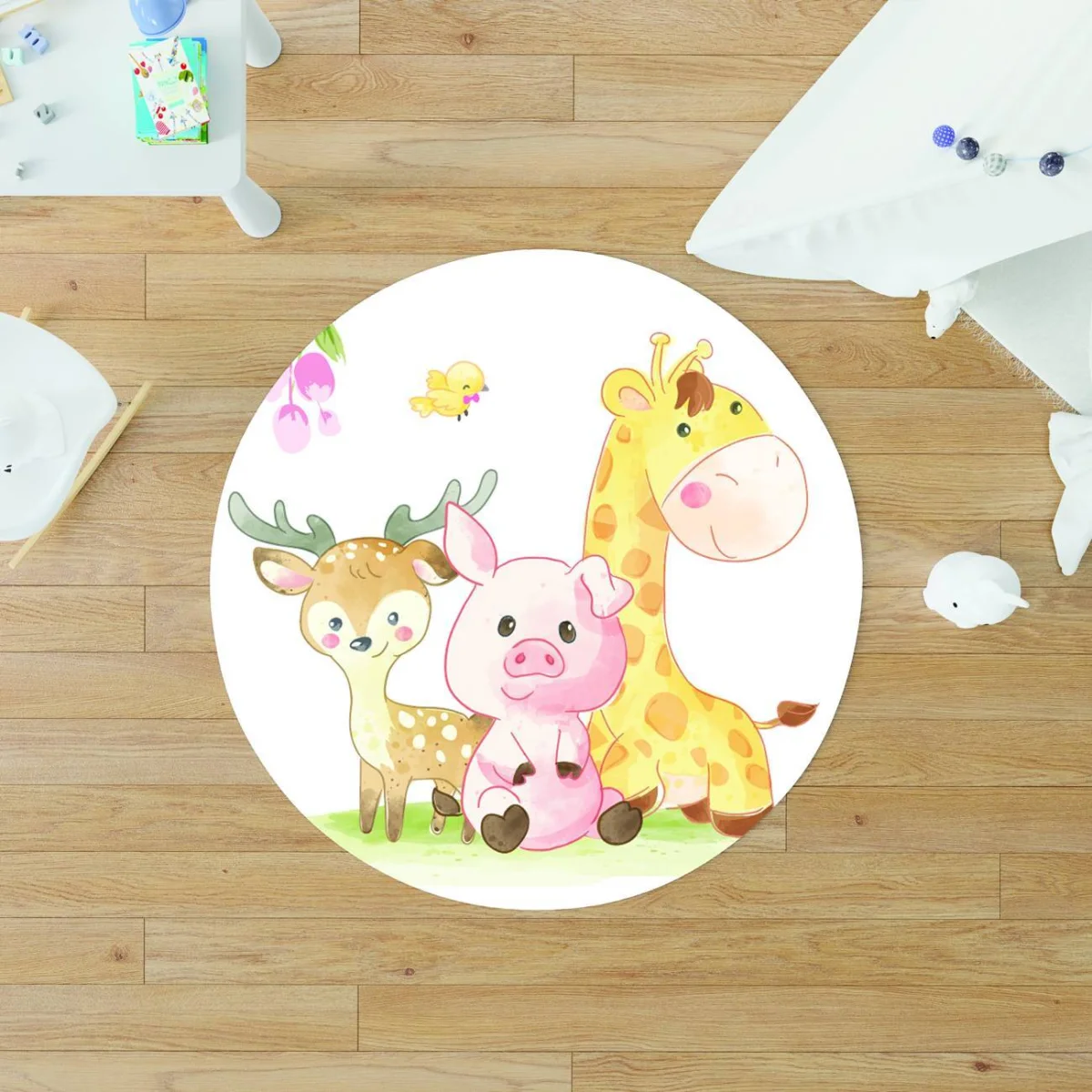 Orman Hayvanları Yuvarlak Halı | Beyaz çiçekler, yapraklar Desenli